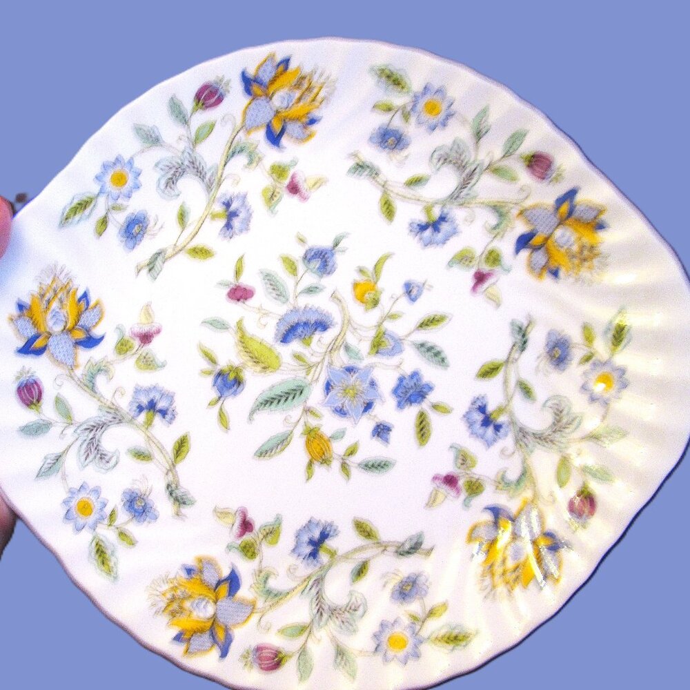 Vtg cake plate Minton Maddon Hall blue serving platter signed by designor 1983